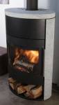 Zoom sur poêle à bois-bûches double combustion réserbois bois sous corps de chauffe - Pleyben (29190)