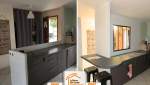 verrière intérieure cuisine, plan de travail-bar sur mesure, rénovation cuisine Chamoux-sur-Gelon, modernisation cuisine