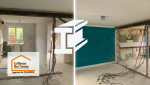  À l’intérieur, la suppression du mur porteur laisse place à un nouvel espace ouvert, avec les câbles électriques en attente d’intégration.