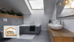 Une salle de bain moderne sous les combles, alliant bois et céramique pour une atmosphère zen et relaxante. 🛁🌱