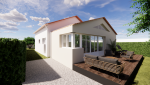 Création d'une extension de maison de 20 m² à Rezé (44400) - vue du jardin : baie vitrée type verrière - plan 3D
