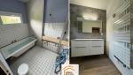 rénovation salle de bain La Clusaz, artisan salle de bain Haute-Savoie, carrelage effet bois sol, baignoire moderne montagne, meuble vasque fonctionnel, La Maison des Travaux Chamonix