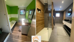 rénovation complète salle de bain, spots LED faux plafond, salle de bain montagne moderne, salle de bain design La Clusaz, carrelage gris contemporain, La Maison des Travaux Sallanches