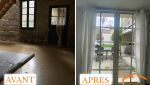 Création d'une ouverture et pose d'une porte-fenêtre peits bois sur mesure côté jardin