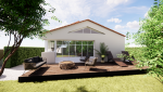 Création d'une extension de maison de 20 m² à Rezé (44400) - vue du jardin : baie vitrée type verrière - plan 3D