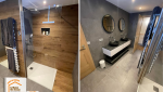 rénovation salle de bain La Clusaz, carrelage mural effet bois, installation double douche, artisan plomberie Haute-Savoie, aménagement salle de bain moderne, La Maison des Travaux