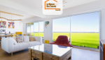 Salon contemporain avec baie vitrée donnant sur la nature, mobilier design et parquet clair – aménagement intérieur lumineux en Haute-Savoie.