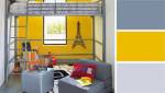 Chambre jaune et grise, lumineuse et fonctionnelle