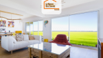 Salon contemporain avec baie vitrée donnant sur la nature, mobilier design et parquet clair – aménagement intérieur lumineux en Haute-Savoie.