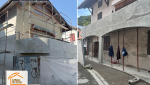 changement menuiseries façade, projet façade maison village, ravalement façade avec arches, rénovation extérieure La Maison des Travaux, maison savoyarde rénovée