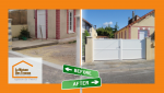 Transformation complète d’une entrée à Vesoul : remplacement d’un ancien portail par un modèle PVC blanc élégant et sécurisé.