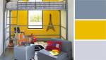 Chambre jaune et grise, lumineuse et fonctionnelle