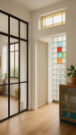 Second jour avec verrière d'intérieur, imposte haut de porte, pavés colorés muraux