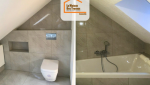 Aménagement d’une salle de bain sous pente avec baignoire à Thyez en Haute-Savoie- Toilettes suspendues modernes installées sous les combles