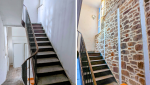 Rénovation d’une cage d’escalier à Quimper : pierres apparentes restaurées et mise en valeur du charme ancien du bâtiment.