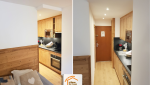 studio montagne rénové, parquet massif chaleureux, cuisine moderne petite surface, bardage bois studio, rénovation complète Savoie, La Maison des Travaux Albertville