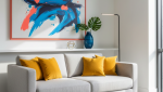 Un intérieur lumineux avec un joli beige rehaussé d'accessoires bleus et jaune