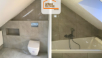 Aménagement d’une salle de bain sous pente avec baignoire à Thyez en Haute-Savoie- Toilettes suspendues modernes installées sous les combles
