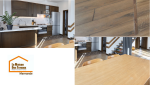 Aménagement d’une cuisine ouverte à Marmande avec sol effet bois, escalier contemporain et coin repas chaleureux dans une maison rénovée avec goût.