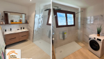 rénovation complète salle de bain, remplacement baignoire douche, éclairage LED encastré, carrelage beige naturel, rénovation intérieure Rognaix