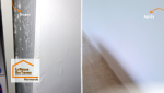 Avant/Après impressionnant à Virazeil : un mur rongé par l’humidité transformé en surface saine et parfaitement repeinte grâce à une rénovation experte.