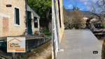 Avant / Après d’une terrasse extérieure proche de Fumel : Sandrine Férin, courtière La Maison Des Travaux Marmande, réalise une terrasse béton durable avec drainage performant pour protéger la maison de l’humidité.