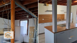 Rénovation de cuisine à Colayrac-Saint-Cirq (47450) : ouverture des cloisons et création d’un îlot central moderne avec hotte intégrée. Projet coordonné par Sandrine Férin, courtière en travaux à Agen.