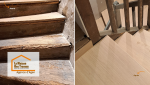 Des marches usées à un escalier comme neuf : reprise complète des contre-marches et finitions soignées pour un accès élégant à l’étage.