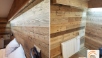 rénovation appartement Chamonix, chambre style chalet moderne, bardage bois intérieur, aménagement chambre montagne, la maison des travaux sallanches, bardage bois