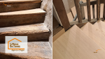 Des marches usées à un escalier comme neuf : reprise complète des contre-marches et finitions soignées pour un accès élégant à l’étage.