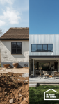 Comparatif visuel entre une dalle béton de chantier et une extension moderne terminée en zinc dans le Morbihan.