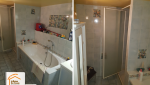 rénovation salle de bains montagne, salle de bains haut de gamme Savoie, faïence zellige artisan, douche italienne sur mesure, rénovation maison La Côte-d’Aime