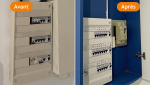 Avant-après d’un tableau électrique rénové près d’Agen, avec refonte du coffret et meilleure organisation des protections et circuits.