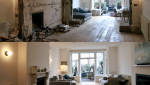 Avant après d’un salon en rénovation avec ouverture entre deux pièces, murs repris, parquet bois rénové et espace de vie lumineux.