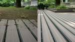 Détail avant/après de lames de terrasse composite avec évacuation intégrée.