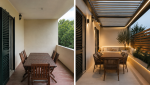 Avant/après d'une terrasse rénovée avec pergola bioclimatique en aluminium, carrelage extérieur antidérapant, banc maçonné, brise-vue en bois et éclairage intégré.