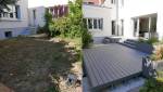 Avant/après d’un aménagement de terrasse grise dans une cour extérieure avec bacs plantés près de Colmar.