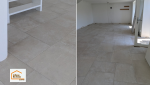 Rénovation globale d’une maison dans le Finistère Sud avec pose d’un carrelage grand format. Un espace lumineux en préparation avant l’installation de la cuisine, réalisé avec La Maison Des Travaux Quimper.