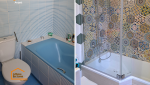 Transformation complète d’une ancienne salle de bain avec nouvelle baignoire, faïence décorative et paroi vitrée à Fumel.