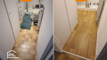 Avant/après de la rénovation d'un sol de salle de bains dans le Pays d'Aix avec la pose d'un revêtement PVC imitation parquet.