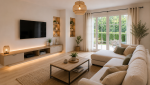 Salon moderne après rénovation complète d'une maison à Cassis avec parquet clair, canapé d'angle, mobilier contemporain, éclairage décoratif et grande baie vitrée apportant de la luminosité.