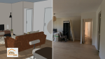 Comparaison entre la projection 3D et le résultat final d’une rénovation intérieure dans le Finistère Sud. Une pièce de vie ouverte, lumineuse et parfaitement conforme au projet imaginé.
