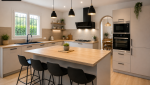 Cuisine moderne après rénovation complète d'une maison à Cassis avec îlot central, mobilier contemporain, éclairage design et espaces optimisés.