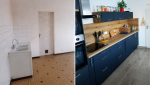 Cuisine moderne rénovée à Sainte-Bazeille avec façades bleu nuit, plan de travail et crédence effet bois, pour un intérieur chaleureux et fonctionnel.