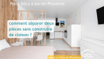 Claustra en bois permettant de séparer élégamment une salle à manger de la cuisine tout en conservant la lumière naturelle. Une solution idéale pour structurer les espaces lors d’une rénovation intérieure à Aix-en-Provence.