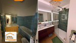 Rénovation complète d’une salle de bain à Aix-en-Provence avec création d’une douche extra-plate, meuble double vasque suspendu et carrelage vertical moderne réalisé avec les artisans sélectionnés par Laurent Nemer.