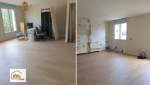 Grande pièce de vie après rénovation d’une maison dans le Finistère Sud. Les cloisons ont été supprimées afin d’offrir un espace ouvert, lumineux et convivial, parfaitement adapté à la vie de famille.