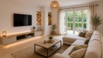 Salon moderne après rénovation complète d'une maison à Cassis avec parquet clair, canapé d'angle, mobilier contemporain, éclairage décoratif et grande baie vitrée apportant de la luminosité.