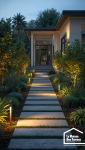 Jardin paysager avec éclairage d'ambiance et allée lumineuse