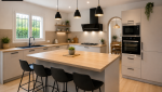 Cuisine moderne après rénovation complète d'une maison à Cassis avec îlot central, mobilier contemporain, éclairage design et espaces optimisés.